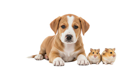 Cute brown and white puppy lying next to two adorable hamsters isolated on white background, perfect for pet care and animal lover projects