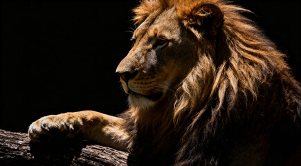 Side portrait of a big male African lion (Panthera leo) against a black background, South Africa	