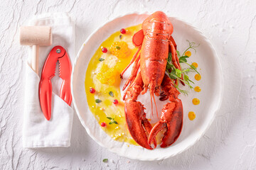 Professional boiled lobster as a fine dish in a restaurant.