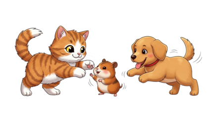 Cute cartoon cat, hamster, and puppy playing together in a friendly scene, perfect for children's books or pet care content
