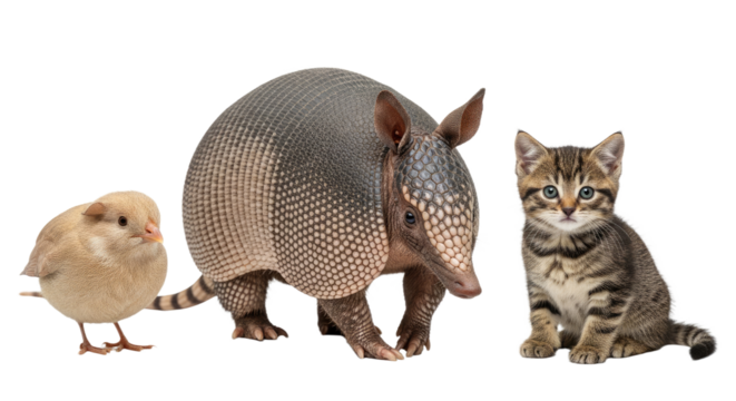 Cute chick armadillo and tabby kitten isolated on white background, perfect for animal and pet-related projects