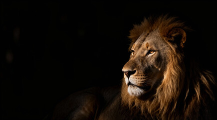 Side portrait of a big male African lion (Panthera leo) against a black background, South Africa