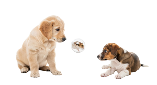 Cute golden retriever and beagle puppies playing with a bubble on white background, perfect for pet and animal content