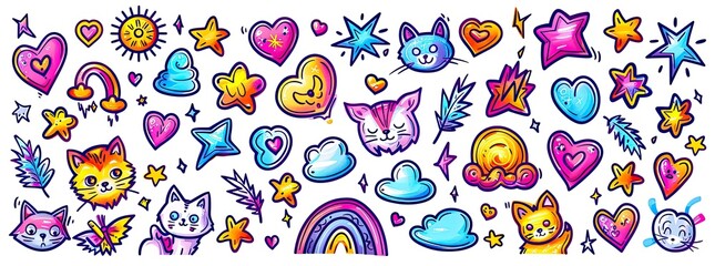 Whimsical Pixel Art Collection Featuring Cute Cats Stars Hearts Rainbows Sun Clouds And Octopus On White Background Vibrant Colors