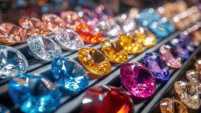 Rows of sparkling multi-colored faceted gemstones and diamonds displayed on a dark surface, highlighting their brilliance and diverse hues for jewelry and luxury themes.