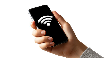 Wireless Connection: A hand delicately cradles a smartphone, showcasing a prominent wireless signal, symbolizing seamless connectivity and effortless communication.