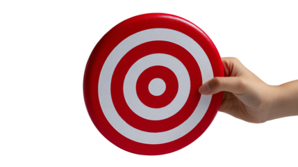 Aiming for Excellence: A hand is holding a red and white target, symbolizing focus, precision, and the relentless pursuit of goals. The clean design emphasizes accuracy and determination.