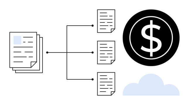 Group of documents branching into single files, dollar sign representing revenue, cloud representing storage. Ideal for finance, cloud computing, data management, digital workflow, resource