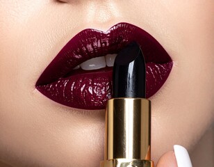 Obraz premium Close-up of glossy lips with ombre lipstick, blending burgundy and black. Gold tube, sharp tip, dramatic makeup style. Ideal for beauty, fashion, and cosmetic product themes.