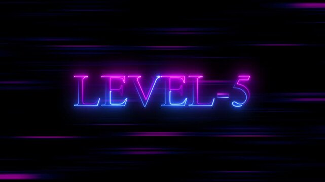 Level -5 neon bright text font colorful 4k video animation,Neon level up sign and upper Level,next Level text animation,on a Retro Futuristic Motion Background with video animation. - Powered by Adobe