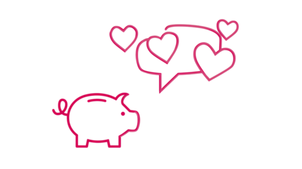 Saving for Love: A charming piggy bank, symbolizing financial planning, shares romantic thoughts, represented by heart symbols within a speech bubble.