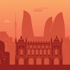 Obraz premium An Artistic Representation of a Cityscape at Sunset Featuring Iconic Architectural Landmarks