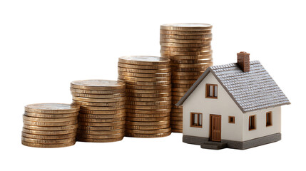 Rising Investment: A miniature home sits beside a rising stack of gold coins, a visual representation of the growth of property value and financial investment.