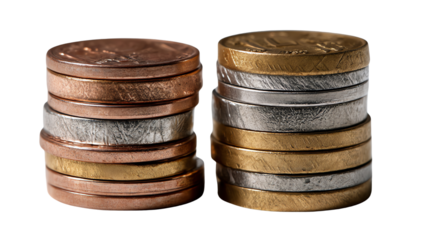 Stacks of Coins: An overhead view of two stacks of shiny coins showcases various denominations, each pile representing wealth and financial security.
