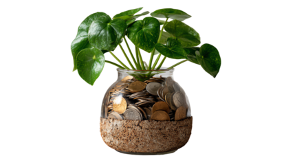 Money Plant: A symbolic visual of a thriving money plant sprouting from a pot brimming with coins, representing the growth and cultivation of wealth and prosperity.