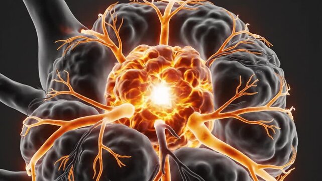 Scientific Animation of a Glowing Cancerous Tumor Cell Cluster.