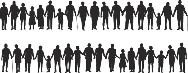 Diverse group silhouette, people holding hands, unity concept, community connection, intergenerational support, black figures, social bond, inclusive togetherness, teamwork