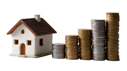Housing market: Rising housing costs alongside a miniature house and stacks of coins, creating a compelling visual metaphor