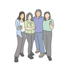 four women standing together illustration vector hand drawn with black lines