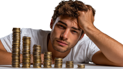 Financial Strain: A portrait of a man's struggle with monetary downturn as he sits next to decreasing stacks of coins, his expression reflecting anxiety and concern.