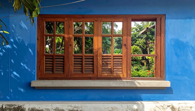Wooden Window with Green View and Blue Wall.