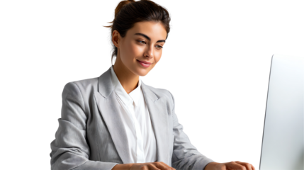 Focused Professional: A poised woman, bathed in a warm glow, is absorbed in her work at a computer, showcasing a blend of professionalism and modern technology.