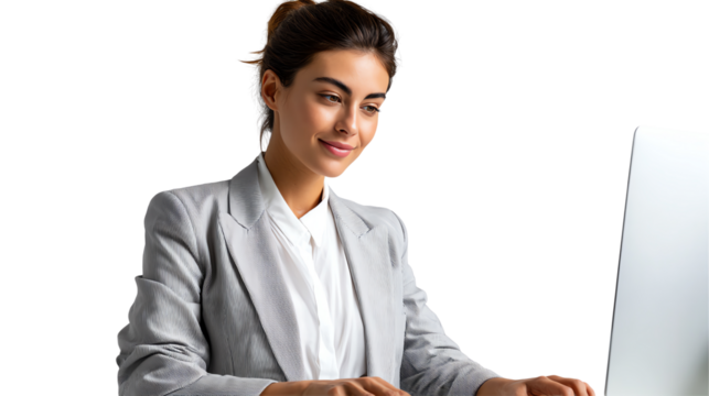 Focused Professional: A poised woman, bathed in a warm glow, is absorbed in her work at a computer, showcasing a blend of professionalism and modern technology.  - Powered by Adobe