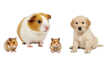 Cute guinea pigs and golden retriever puppy isolated on white background, perfect for pet care or animal lover projects