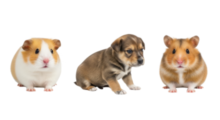 Cute guinea pigs and puppy on white background, small pets together, adorable animals perfect for pet lovers
