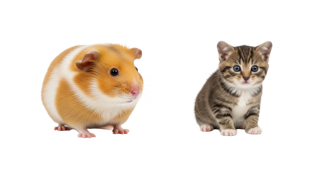 Cute hamster and kitten sitting isolated on white background, adorable small pets together, perfect for pet care and animal-themed projects