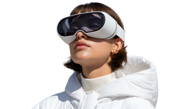 Modern Relaxation: A woman, eyes shielded by futuristic eye mask, finds serenity in innovative design. Perfect for tech enthusiasts seeking modern relaxation.