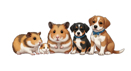 Cute hamster and puppy group sitting in a row isolated on white, adorable small pets together, perfect for pet care and animal lover content