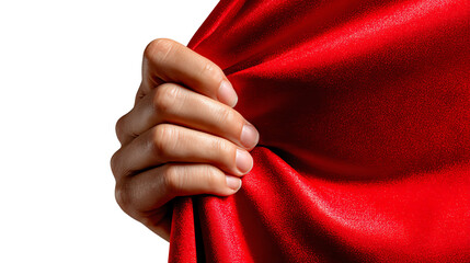 Unveiling Mystery: A hand pulls back a luxurious red curtain, revealing a sense of anticipation and drama, inviting the viewer into a world of hidden wonders.