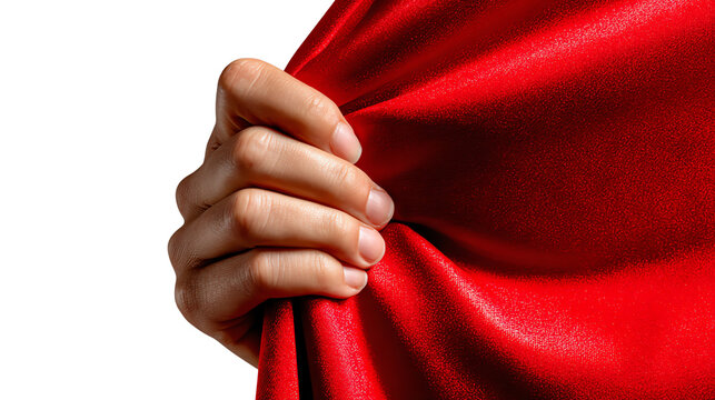 Unveiling Mystery: A hand pulls back a luxurious red curtain, revealing a sense of anticipation and drama, inviting the viewer into a world of hidden wonders.