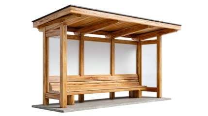 Wooden Bus Shelter: A welcoming wooden bus shelter provides a comfortable place to sit and wait. The shelter is constructed from natural wood, featuring a bench, and a roof.