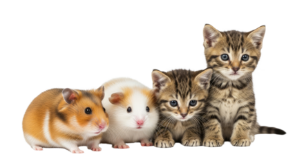 Cute hamster and three tabby kittens sitting closely together isolated on white background, adorable pets perfect for animal lovers and pet care content
