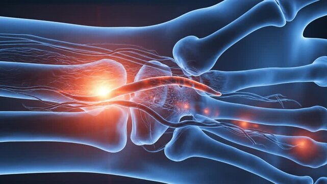Xray of human hand showing wrist pain and carpal tunnel syndrome.