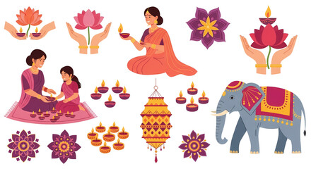 Celebrate vibrant Indian traditions with festive diyas, lotuses, and elephants for joyous occasions