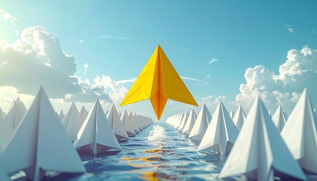 Yellow paper plane soaring above a fleet of white paper boats on water, symbolizing leadership and innovation.