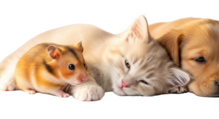 Cute hamster kitten and puppy lying together isolated on white background, adorable pet friendship and animal companionship concept
