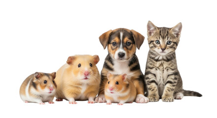 Obraz premium Cute hamster trio, puppy and tabby kitten sitting together isolated on white background, perfect for pet care and animal friendship themes