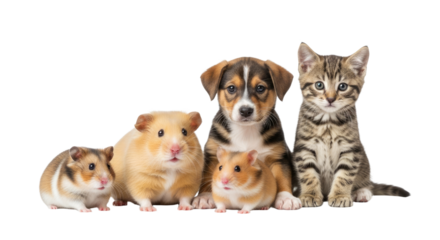 Cute hamster trio, puppy and tabby kitten sitting together isolated on white background, perfect for pet care and animal friendship themes