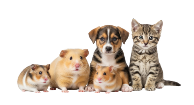Cute hamster trio, puppy and tabby kitten sitting together isolated on white background, perfect for pet care and animal friendship themes