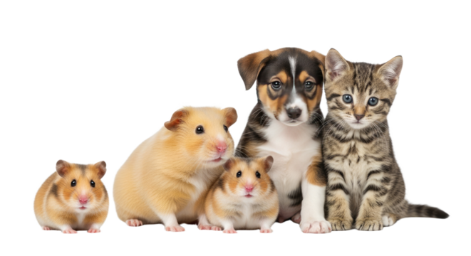 Cute hamster, guinea pig, puppy, and kitten sitting together isolated on white background, adorable pets perfect for animal lover projects