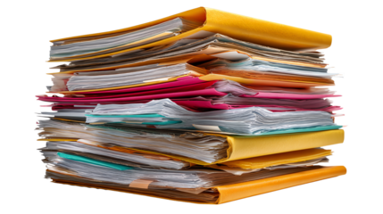 Paperwork Avalanche: A mountain of documents, meticulously organized within colorful folders, symbolizes the weight of administrative tasks, office work.