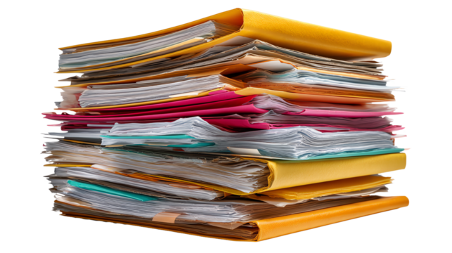 Paperwork Avalanche: A mountain of documents, meticulously organized within colorful folders, symbolizes the weight of administrative tasks, office work.