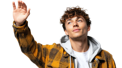 Friendly Gesture and Positive Greeting: A young person with a warm smile extends a hand in a welcoming wave, conveying a message of friendship and approachability.