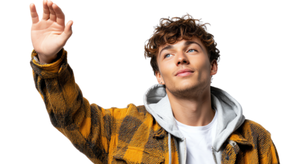 Friendly Gesture and Positive Greeting: A young person with a warm smile extends a hand in a welcoming wave, conveying a message of friendship and approachability.