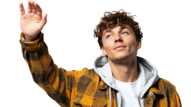 Friendly Gesture and Positive Greeting: A young person with a warm smile extends a hand in a welcoming wave, conveying a message of friendship and approachability.