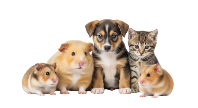 Cute hamsters, kitten and puppy sitting side by side on white background, adorable pets group perfect for pet care or animal themes